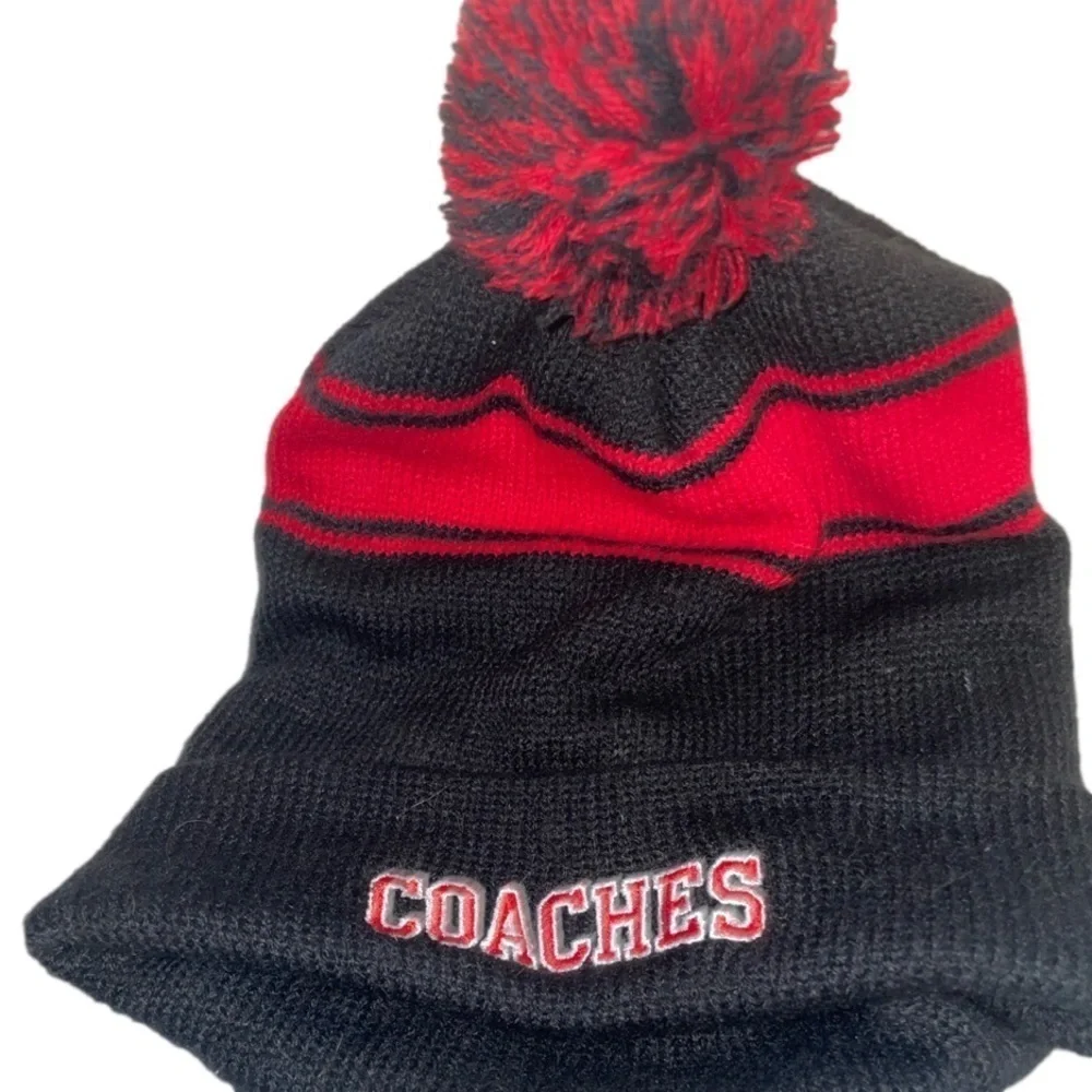 Preloved Sport Tek striped pom-pom beanie, eclectic grandpa reads “COACH”